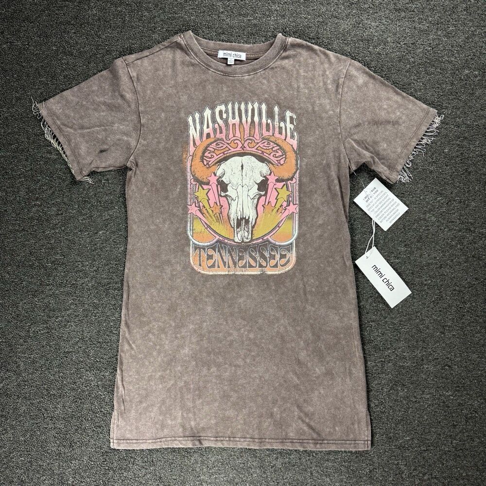 NWT Mimi Chica Nashville Graphic T-Shirt Dress Tunic Fringe Sleeve Sz Sm Country